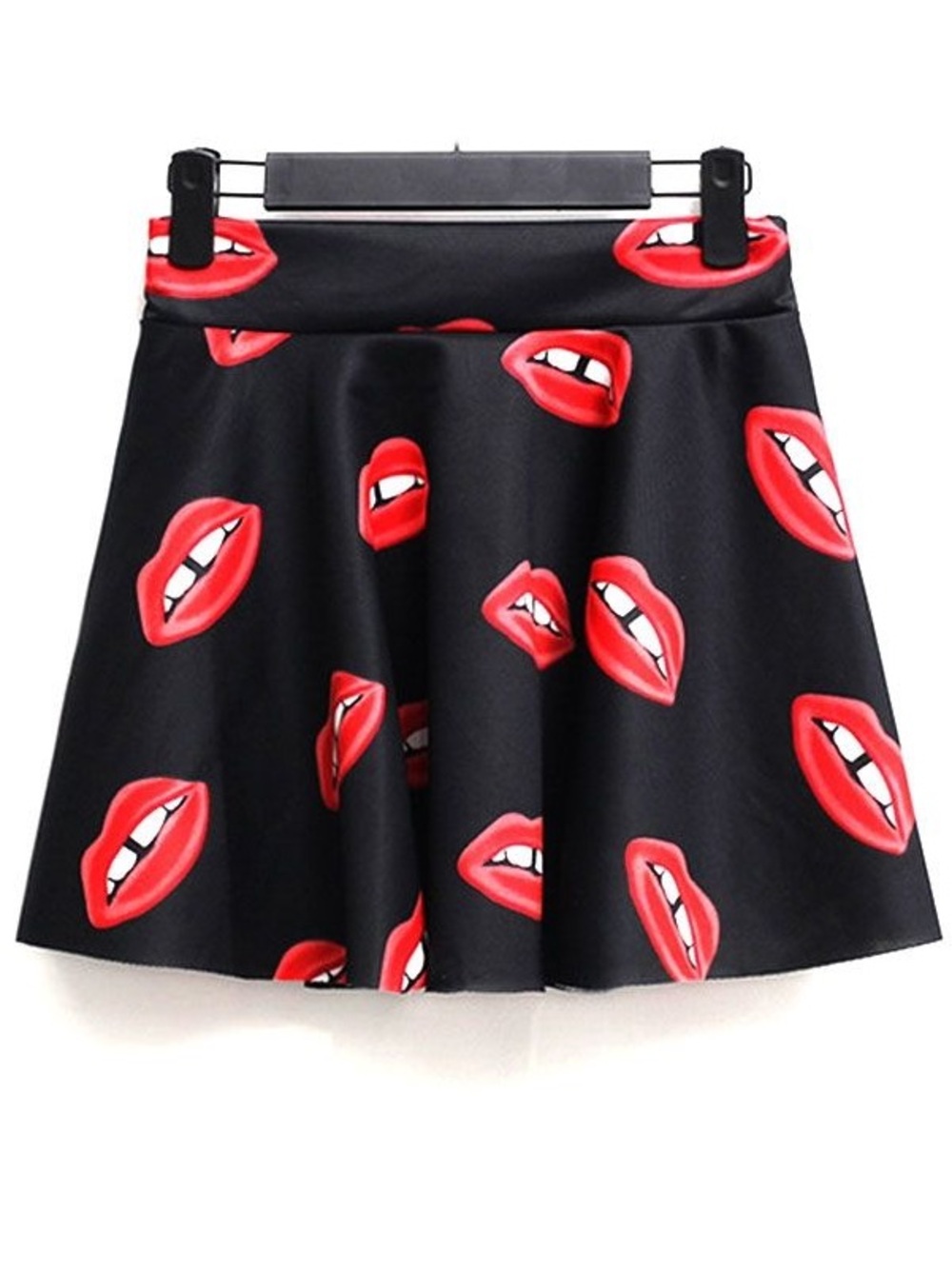 Black Skater Skirt with Red Lip Print - Women